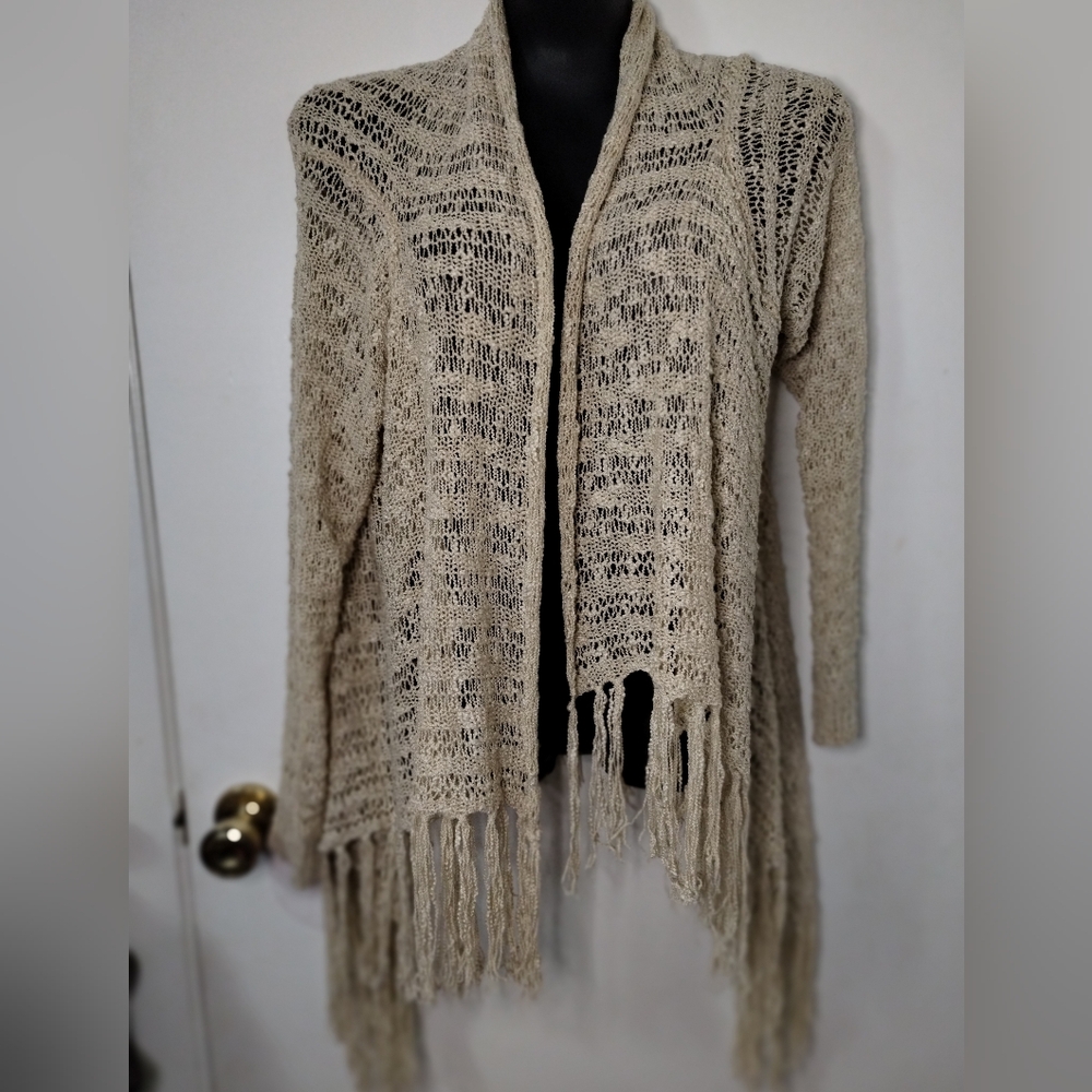 Miracle USA Open Knit Cardigan‎ Sweater Fringe Hem Beige Boho M/L